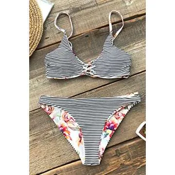 CUPSHE Women's Reversible Lace Up Bikini Sets Floral and Striped Medium