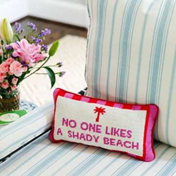 FURBISH Handmade Needlepoint Decorative Throw Pillow - Shady Beach - 8" x 14" - Small Embroidered Accent Pillow for Bed, Chair, Couch, Sofa - Aesthetic Room Decor