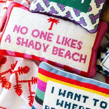 FURBISH Handmade Needlepoint Decorative Throw Pillow - Shady Beach - 8" x 14" - Small Embroidered Accent Pillow for Bed, Chair, Couch, Sofa - Aesthetic Room Decor