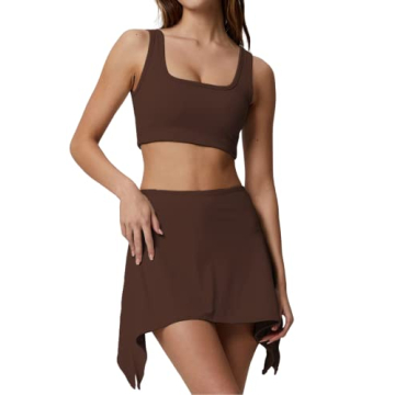 QINSEN Women's Scoop Neck Crop Top & Asymmetric Mini Skirt Set - Elegant Active Outfits