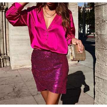 HOTOUCH Hot Pink Silk Long Sleeve Button Down Tunic Shirts Satin Blouses for Women Work Office Dress...