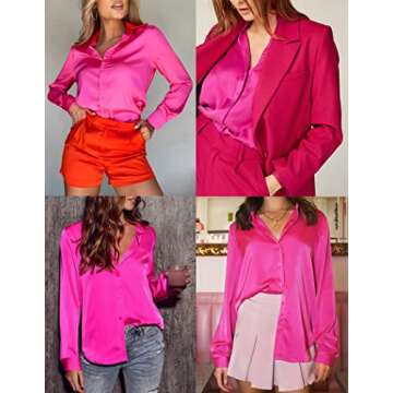 HOTOUCH Hot Pink Silk Long Sleeve Button Down Tunic Shirts Satin Blouses for Women Work Office Dressy Tops Hot Pink M