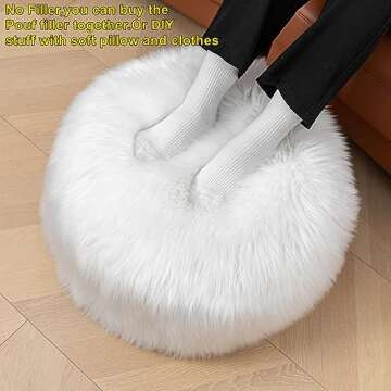 Fur Pouf Ottoman Unstuffed Floor Pouf White Ottoman Foot Rest NO Filler 20x20x12 Inches Round Poof Seat Floor Bean Bag Chair Foldable Floor Chair Storage for Living Room Bedroom White Cover ONLY