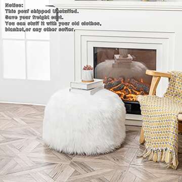 Fur Pouf Ottoman Unstuffed Floor Pouf White Ottoman Foot Rest NO Filler 20x20x12 Inches Round Poof Seat Floor Bean Bag Chair Foldable Floor Chair Storage for Living Room Bedroom White Cover ONLY