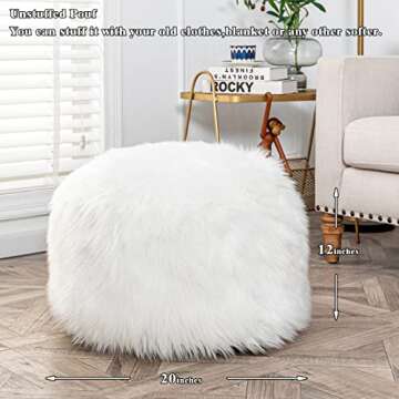 Fur Pouf Ottoman Unstuffed Floor Pouf White Ottoman Foot Rest NO Filler 20x20x12 Inches Round Poof Seat Floor Bean Bag Chair Foldable Floor Chair Storage for Living Room Bedroom White Cover ONLY