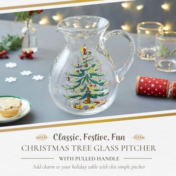 Spode Christmas Tree Glass Pitcher - Festive 96 Oz Large Glass Pitcher for Holidays, Crystal-Clear Beverage Pitcher with Handle for Cocktails, Water, Juice, Lemonade - Dishwasher Safe