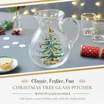 Spode Christmas Tree Glass Pitcher - Festive 96 Oz Large Glass Pitcher for Holidays, Crystal-Clear Beverage Pitcher with Handle for Cocktails, Water, Juice, Lemonade - Dishwasher Safe