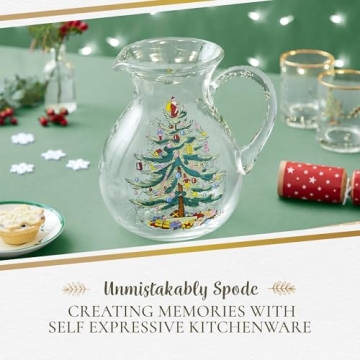 Spode Christmas Tree Glass Pitcher - Festive 96 Oz Large Glass Pitcher for Holidays, Crystal-Clear Beverage Pitcher with Handle for Cocktails, Water, Juice, Lemonade - Dishwasher Safe