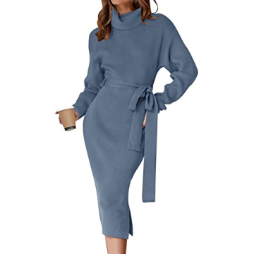 ZESICA Women's Turtleneck Sweater Midi Dress Long Sleeve Ribbed Knit Bodycon Slit Dress with Belt,Du...