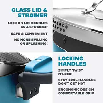 Gotham Steel 5 Quart Stock Pot Multipurpose Pasta Pot with Strainer Lid & Twist and Lock Handles, Nonstick Cooking Pot + Pasta Strainer Pots with Lid, Spaghetti Pot, Dishwasher Safe – Aqua Blue