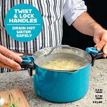 Gotham Steel 5 Quart Stock Pot Multipurpose Pasta Pot with Strainer Lid & Twist and Lock Handles, Nonstick Cooking Pot + Pasta Strainer Pots with Lid, Spaghetti Pot, Dishwasher Safe – Aqua Blue