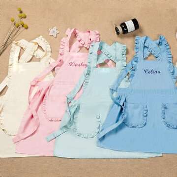 MT WORLD Personalized Kids Aprons for Girls White Toddler Cooking Baking Aprons Ruffle Cross Back wi...