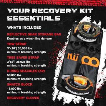 GearAmerica Off Road Recovery Kit, 9 Ton, Includes Tow Strap, Tree Saver, Snatch Block Pulley, D-Rin...