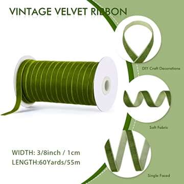 Chuangdi 3/8 Inch, 60 Yard Christmas Olive Green Velvet Ribbon Wide Vintage Velvet Ribbons for Chris...