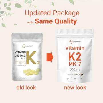 Micro Ingredients Vitamin K2 MK-7 Supplement, 200 mcg Per Serving, 300 Coconut Oil Softgels | Easily Absorbed, Active Menaquinone Form | Immune, Joint, & Heart Support | Non-GMO