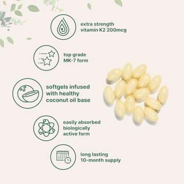 Micro Ingredients Vitamin K2 MK-7 Supplement, 200 mcg Per Serving, 300 Coconut Oil Softgels | Easily Absorbed, Active Menaquinone Form | Immune, Joint, & Heart Support | Non-GMO