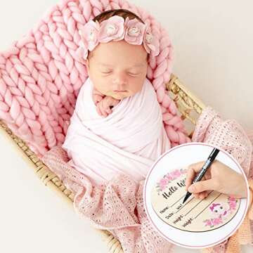 R HORSE Baby Birth Announcement Sign with Marker Pen, Pink Elephant Baby Name Sign with Ink Pad for Hand and Footprints, Wooden Hello World Newborn Announcement Nursery Decor Keepsake Gifts