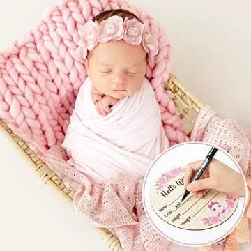 R HORSE Baby Birth Announcement Sign with Marker Pen, Pink Elephant Baby Name Sign with Ink Pad for Hand and Footprints, Wooden Hello World Newborn Announcement Nursery Decor Keepsake Gifts
