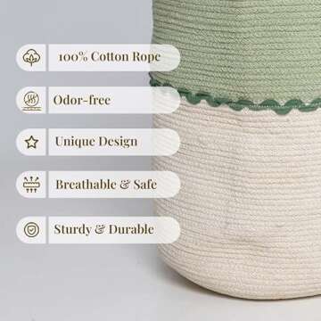 Folkulture Laundry Basket | 70L Laundry Hamper | 100% Cotton | Foldable | Tall Woven Rope Basket wit...