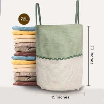 Folkulture Laundry Basket | 70L Laundry Hamper | 100% Cotton | Foldable | Tall Woven Rope Basket with Levelers & Sturdy Handles | Large Dirty Clothes Hamper | Baby, Kids Nursery Hamper for Storage