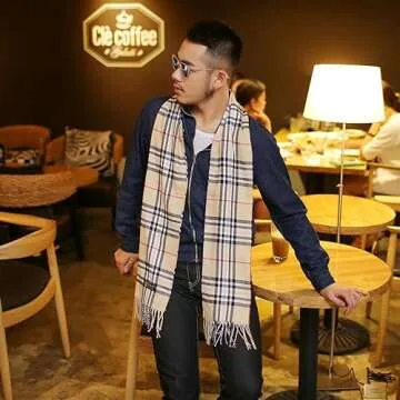 vimate Men Camel Plaid Scarf, Oversized Scottish Clan Tartan Plaid Cashmere Feel Shawl Wrap Winter Scarf (US-Classic Camel Plaid)