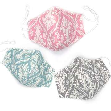 Cute 3 Pack Colorful Stylish Masks for Women | Fashion Girly Floral Pattern Fashion Face Masks | Breathable & Reusable Cotton Cover (Lily)
