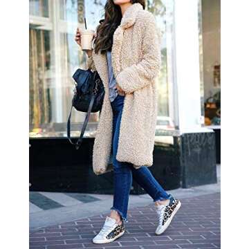 Fuzzy Fleece Lapel Open Front Long Cardigan Coat Faux Fur Warm Winter Outwear Jackets Khaki-S