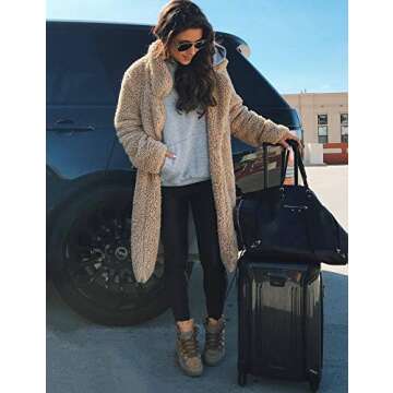 Fuzzy Fleece Lapel Open Front Long Cardigan Coat Faux Fur Warm Winter Outwear Jackets Khaki-S