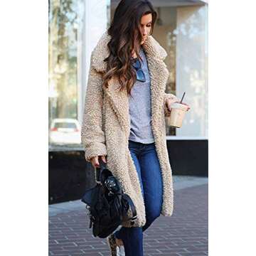 Fuzzy Fleece Lapel Open Front Long Cardigan Coat Faux Fur Warm Winter Outwear Jackets Khaki-S