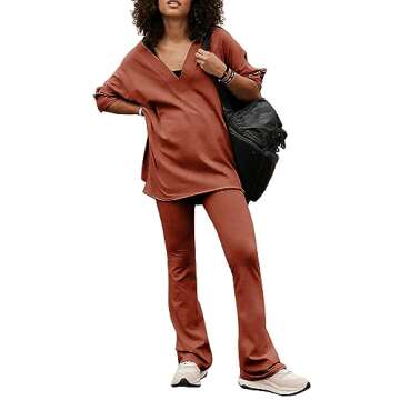 Xiaoxuemeng Womens Workout Set 2 Piece Outfit Oversized Reversible Long Sleeve Sets Flared Pants Sports Tracksuit (Rust-XL)