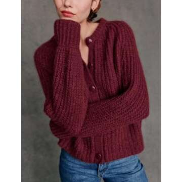 Bianstore Women's Casual Long Sleeve Crewneck Button Down Cardigan Sweater Knit Outwear(Burgundy-L)