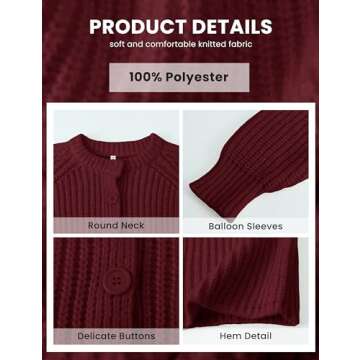 Bianstore Women's Casual Long Sleeve Crewneck Button Down Cardigan Sweater Knit Outwear(Burgundy-L)