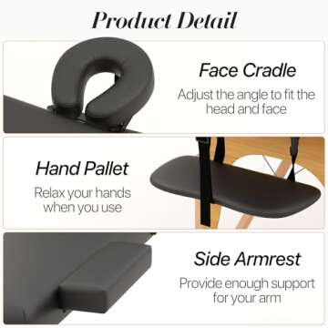 Homedraft Massage Table Massage Bed, Portable 2 Section Foldable Tattoo Bed, Height Adjustable Spa Lash Bed with Face Cradle, Home Light Weight Facial Salon Bed with Wood Frame, Black