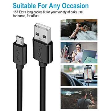 DEEGO Micro USB Cable,15Ft Extra Long PS4 Controller Charger Cable,Enduring Android Charging Cord Fit for Samsung Galaxy S7 Edge S6,Note 5,Note 4,Moto G5,Android Phone,Kindle Fire,Black