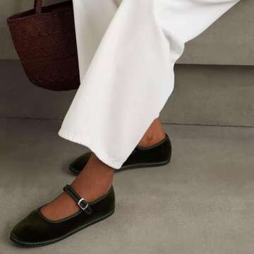 Molozoey Velvet Ballet Flats with Buckle Strap - Dark Green Mary Jane Shoes for Women