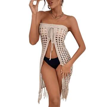 Verdusa Women's Fringe Split Knitted Swimsuit Beach Crochet Cover Up Skirt Brown S