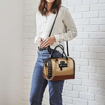 Dasein Women's Barrel Bag Shiny Patent Faux Leather Handbag with Rivet Decoration Top Handle Satchel...