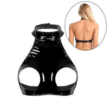 easyforever Women's Wet Look Patent Leather Bralette Halter Neck Backless Bra Crop Tops for Clubwear...