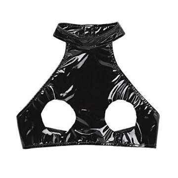 easyforever Women's Wet Look Patent Leather Bralette Halter Neck Backless Bra Crop Tops for Clubwear Black Type A X-Large