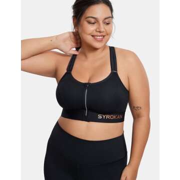 SYROKAN Womens' Sports Bra High Impact Support Zip Front Adjustable Large Bust Racerback Wirefree Padded Black 40DD