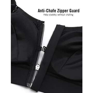 SYROKAN Womens' Sports Bra High Impact Support Zip Front Adjustable Large Bust Racerback Wirefree Padded Black 40DD