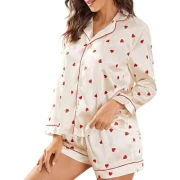 Yiulangde Galentines Day Pajamas Women 2 Piece Shorts Set Cute Heart Print Button Long Sleeve Pjs Sh...