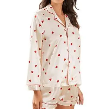 Yiulangde Galentines Day Pajamas Women 2 Piece Shorts Set Cute Heart Print Button Long Sleeve Pjs Shirt Satin Pajama Pants Lounge Sets