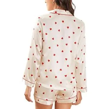 Yiulangde Galentines Day Pajamas Women 2 Piece Shorts Set Cute Heart Print Button Long Sleeve Pjs Shirt Satin Pajama Pants Lounge Sets