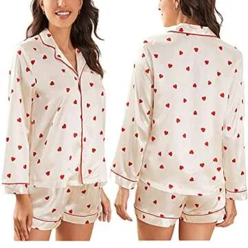 Yiulangde Galentines Day Pajamas Women 2 Piece Shorts Set Cute Heart Print Button Long Sleeve Pjs Shirt Satin Pajama Pants Lounge Sets