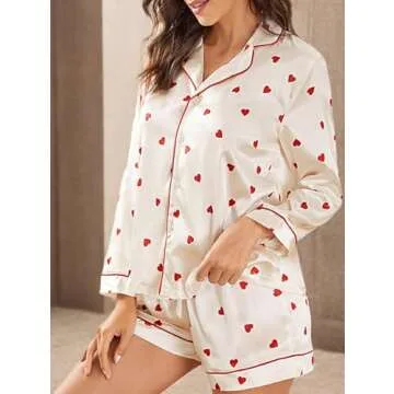 Yiulangde Galentines Day Pajamas Women 2 Piece Shorts Set Cute Heart Print Button Long Sleeve Pjs Shirt Satin Pajama Pants Lounge Sets