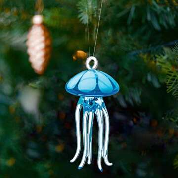 Gallerie II Blue Jelly Fish Sea Life Tropical Coastal Beach Summer Art Glass Christmas Xmas Decor Decoration Hanging Ornament Blue