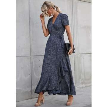 PRETTYGARDEN Women's Summer Wrap Maxi Dress Casual Boho Floral V Neck Short Sleeve Ruffle Hem Split Beach Long Dresses (Blue,Large)
