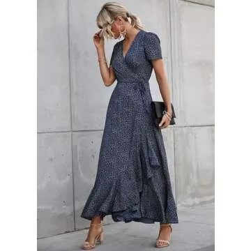 PRETTYGARDEN Women's Summer Wrap Maxi Dress Casual Boho Floral V Neck Short Sleeve Ruffle Hem Split Beach Long Dresses (Blue,Large)