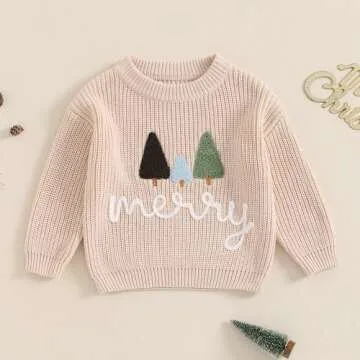 Lesimsam Toddler Baby Boy Girl Christmas Outfit Embroidery Knit Sweater Oversized Knitted Sweatshirt...